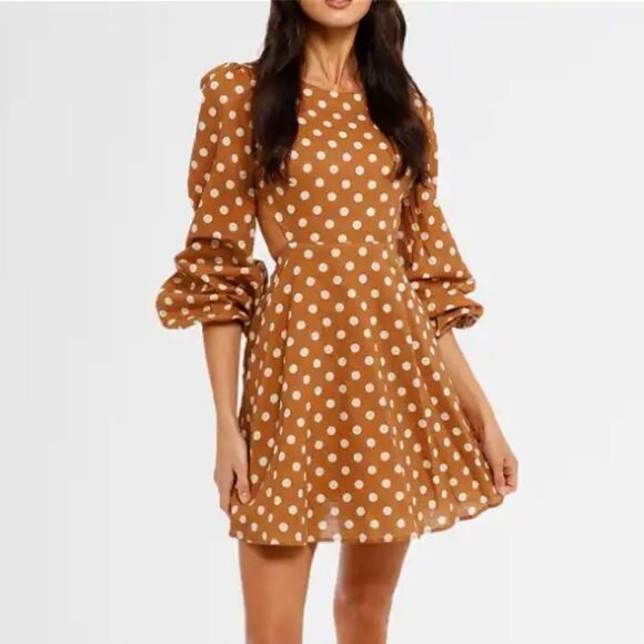Anthropologie Charlie Holiday Halcyon Mini Dress | Brown w/Cream Polkadots - Picture 3 of 8